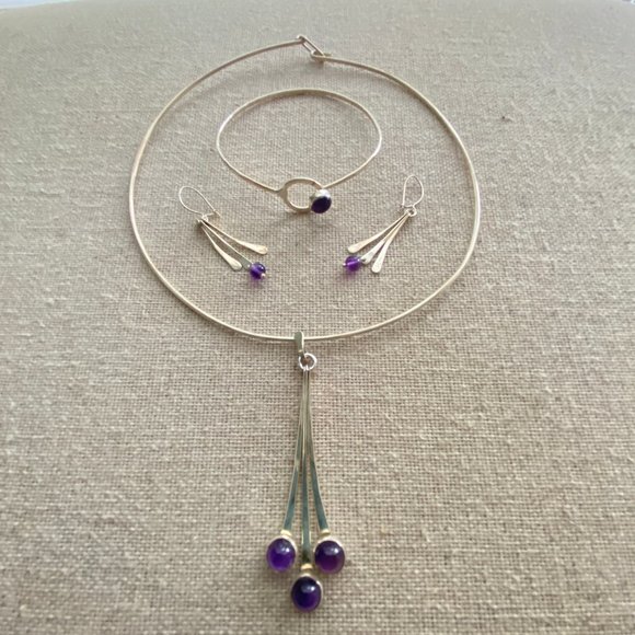 Jewelry - REAL Silver & Amethyst 3-Piece Jewelry Set: Dangle Choker, Bracelet & Earrings